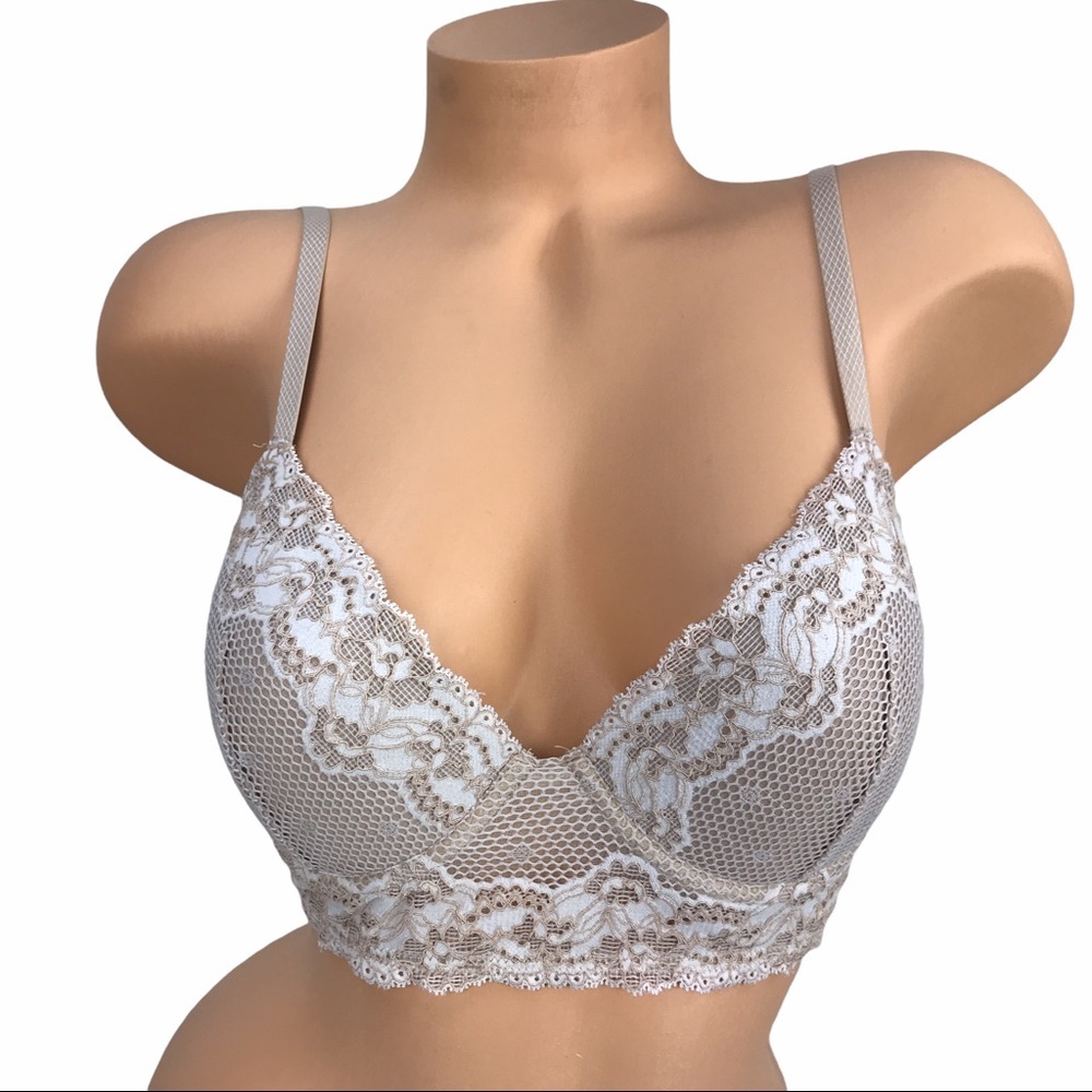 Josie Nude White Contrast Lace 32D‎ Plunge Bralette Balconette Unpadded Bra